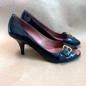 Giuseppe Zanotti Women’s Black Patent With Gold Buckle Peep Toe Heels 37